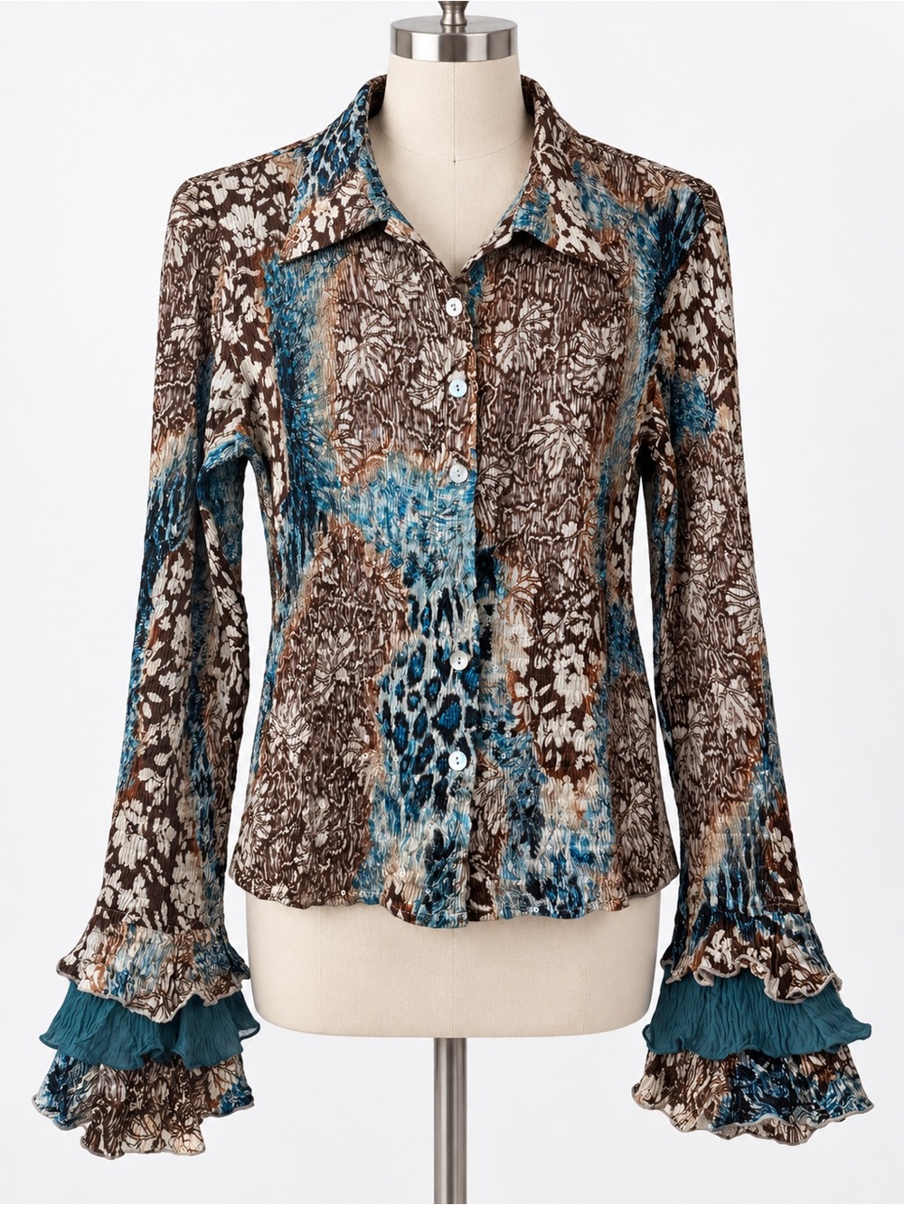 Alberto Makali Blue Brown Floral Animal Print Sequin Ruffle Blouse M